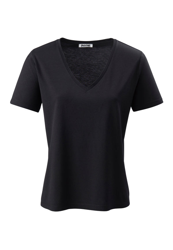 Black| Tencel V-Neck T-shirt schwarz Vorderansicht