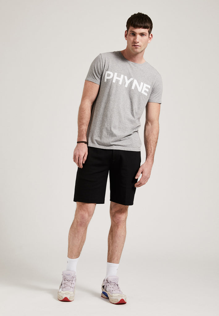 ["Grey", " Männliches Model trägt PHYNE Statement T-Shirt in grau Ganzkörperbild"]